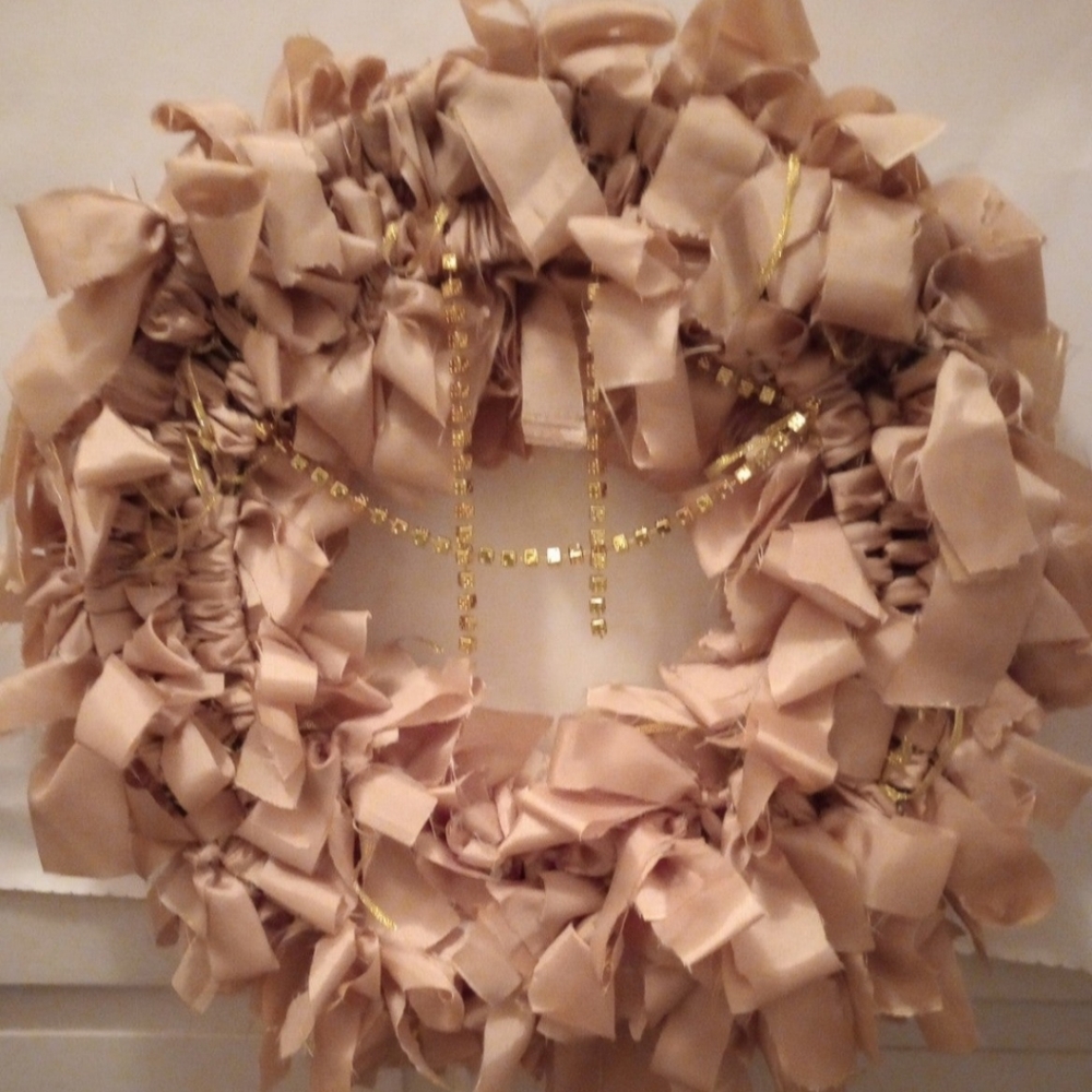 Wreath.  Rag wreath. Golden COLOR WITH STRIPS GOLD RIBBONS